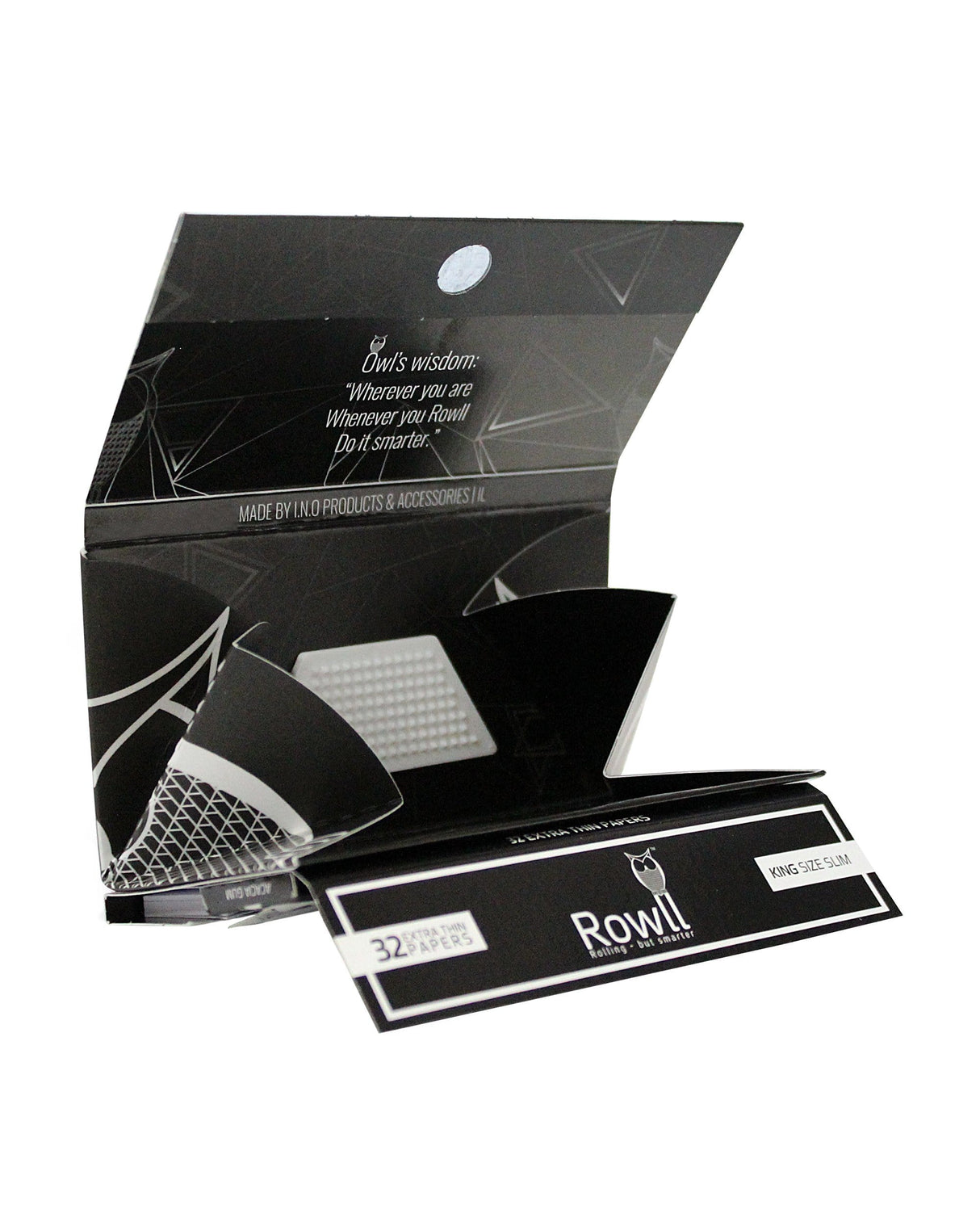 Rowll Rolling Paper Kit open pack with card grinder and tips for dry herbs, portable design