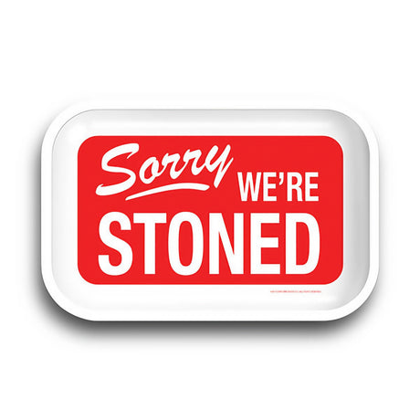 Sorry We're Stoned Metal Rolling Tray, 11.25" x 7.25", Top View on White Background