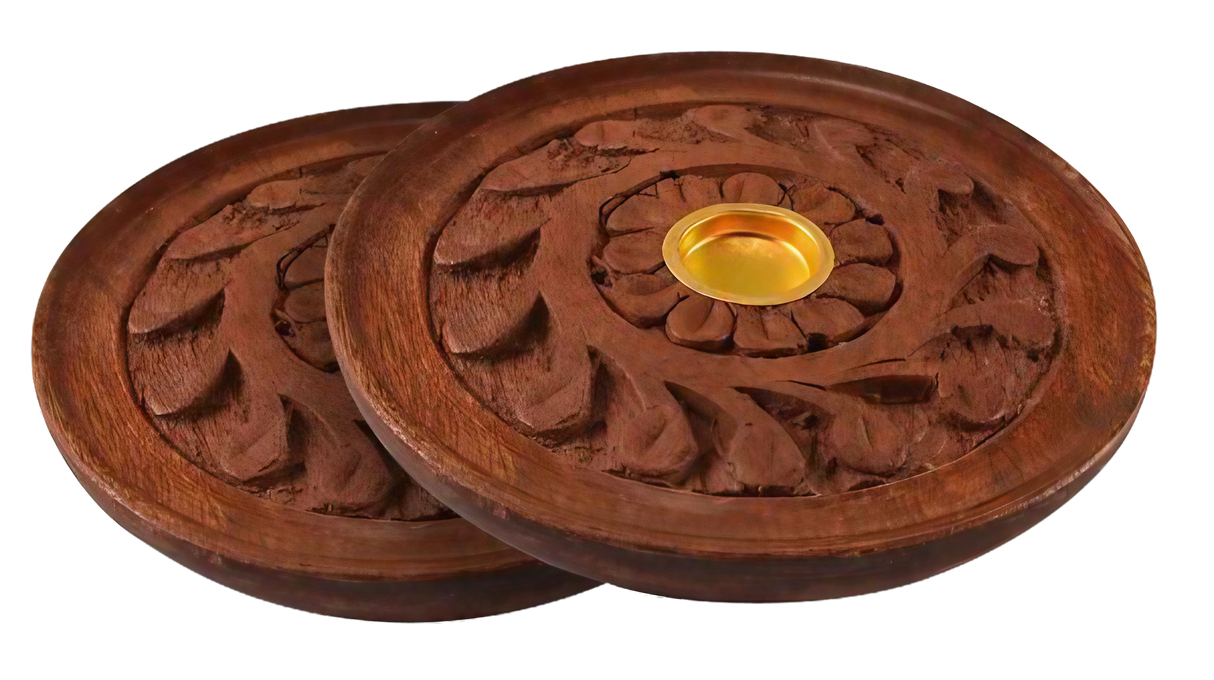 2-pack round carved wood incense burners with ornate designs and brass plate