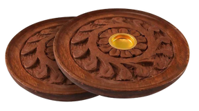 2-pack round carved wood incense burners with ornate designs and brass plate