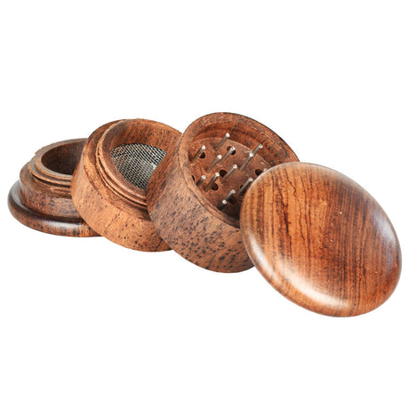 Round Rosewood 4-Piece Grinder for Dry Herbs, Compact Design, 2" Diameter, Disassembled View