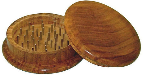 Compact Round Wood 2-Piece Grinder Open View, Portable Design for Dry Herbs, 2.5" Diameter