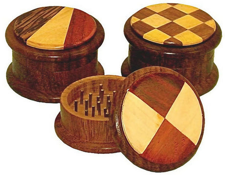 Assorted 2" Round Wood Grinders for Dry Herbs, 2-Part Design with Carved Details