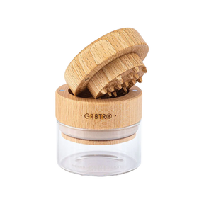 RYOT Beech Wood GR8TR Grinder with Clear Glass Jar, 2.5" Diameter, Front View