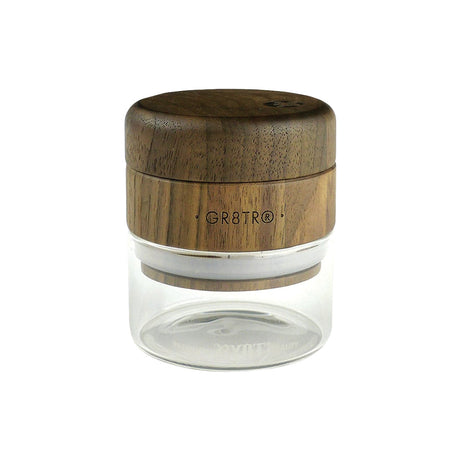 RYOT Walnut Wood Top GR8TR Grinder with Clear Glass Jar - 2.5" Front View