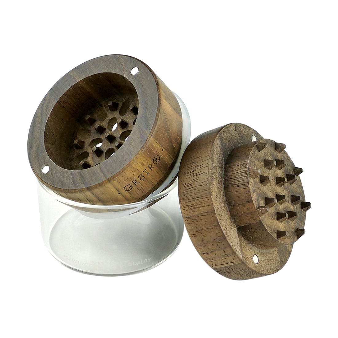 RYOT Walnut Wood GR8TR Grinder with Glass Jar, 2.5" - Open View Showing Teeth