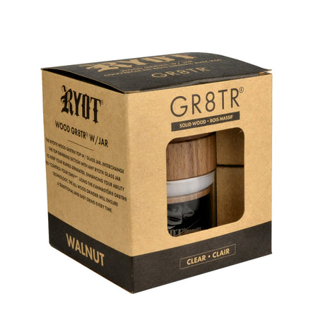 RYOT Walnut Wood Top GR8TR Grinder with Clear Glass Jar Body, 2.5", Packaged View