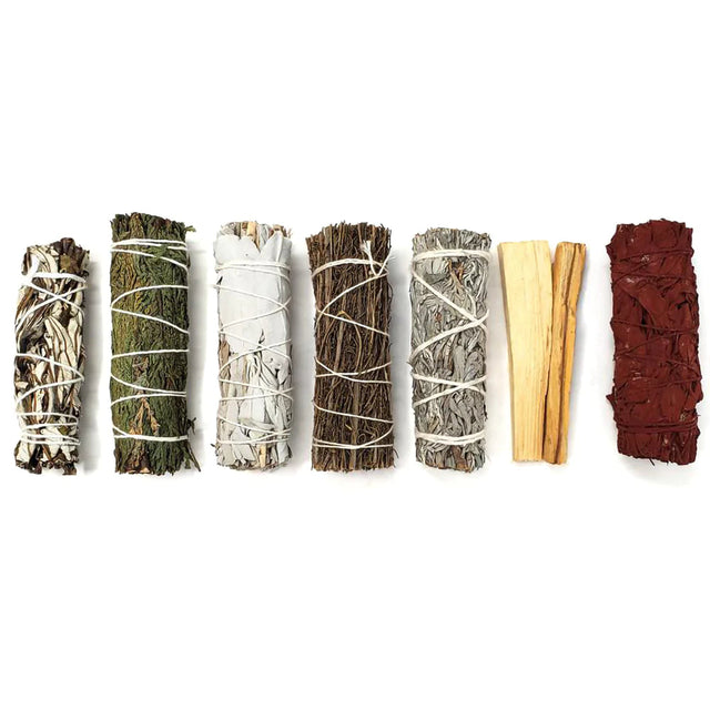 Sage Smudging Sampler 7-Pack, Variety of Natural Herbs, Top View on White Background