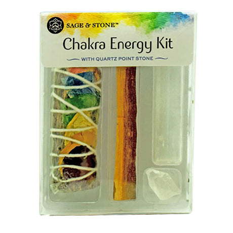Sage & Stone Chakra Energy Kit with colorful stones and quartz point - front view
