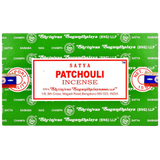 Satya Patchouli Incense Sticks 12-pack, vibrant packaging, portable design from India