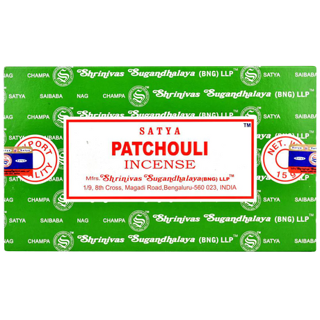 Satya Patchouli Incense Sticks 12-pack, vibrant packaging, portable design from India