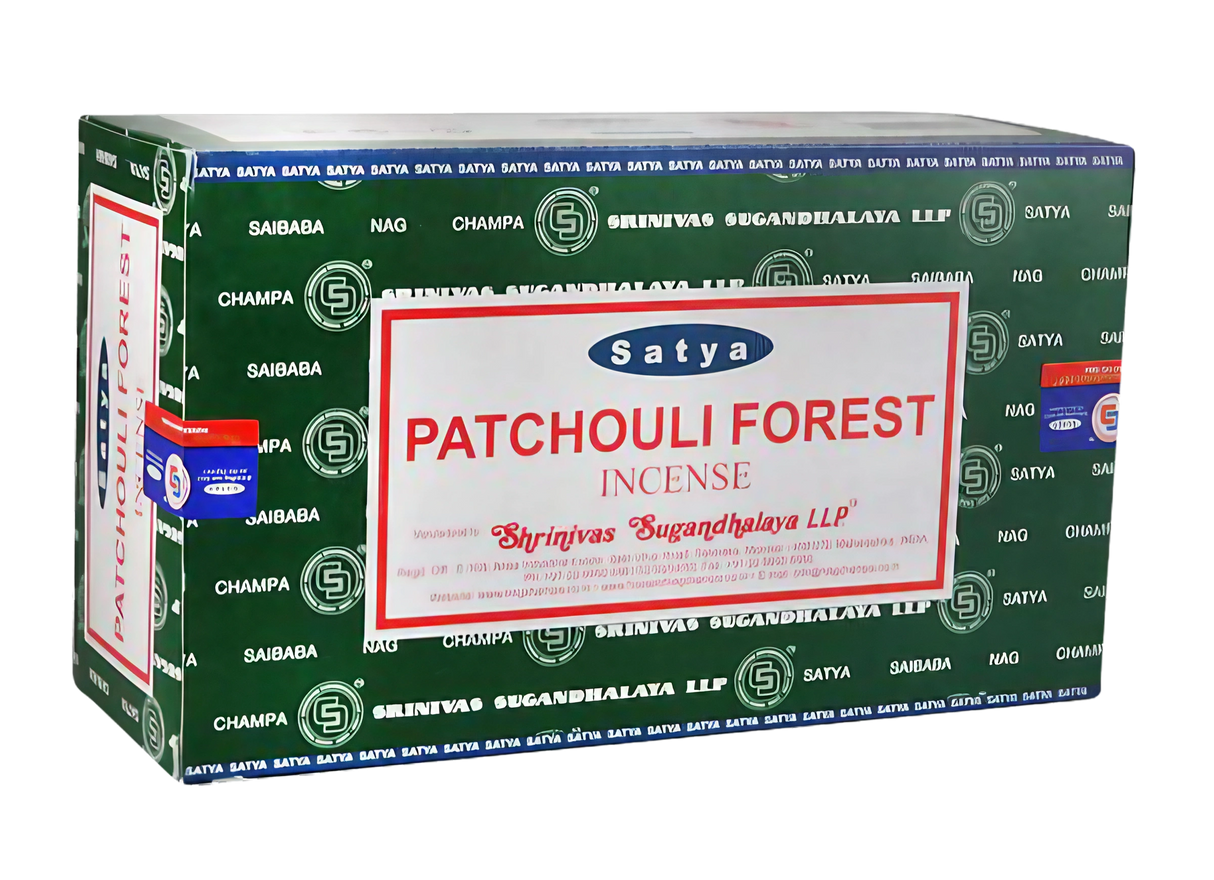 Satya Patchouli Forest Incense Sticks 12pk, front view on white background, compact design from India