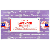 Satya Lavender Incense Sticks 12pk front view on purple background, compact and aromatic