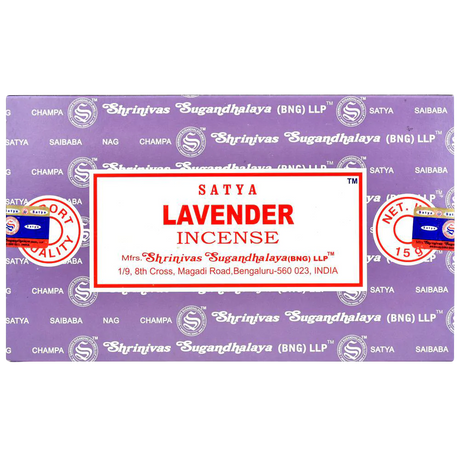 Satya Lavender Incense Sticks 12pk front view on purple background, compact and aromatic
