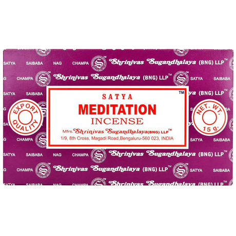 Satya Meditation Incense Sticks 15g 12-pack from India, front view on seamless white background