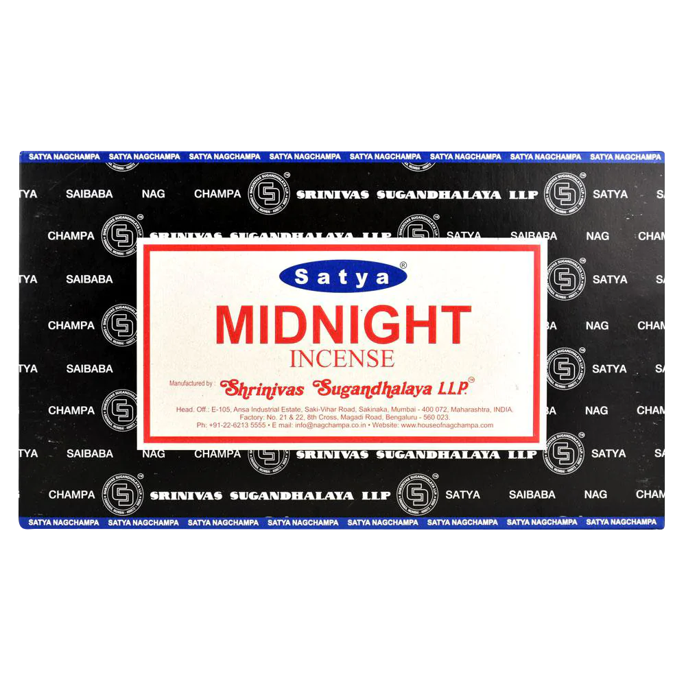 Satya Midnight Incense 12-pack, compact and portable, vibrant packaging, front view