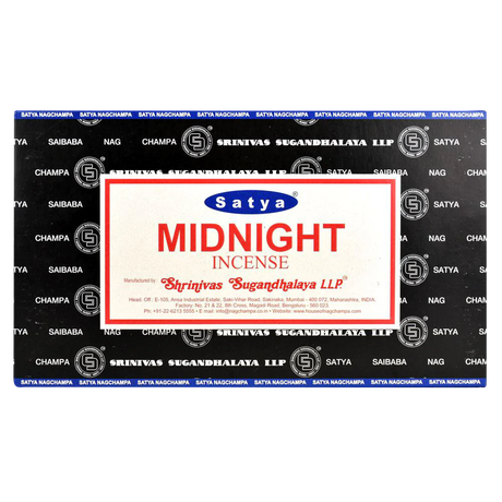 Satya Midnight Incense 12-pack, compact and portable, vibrant packaging, front view
