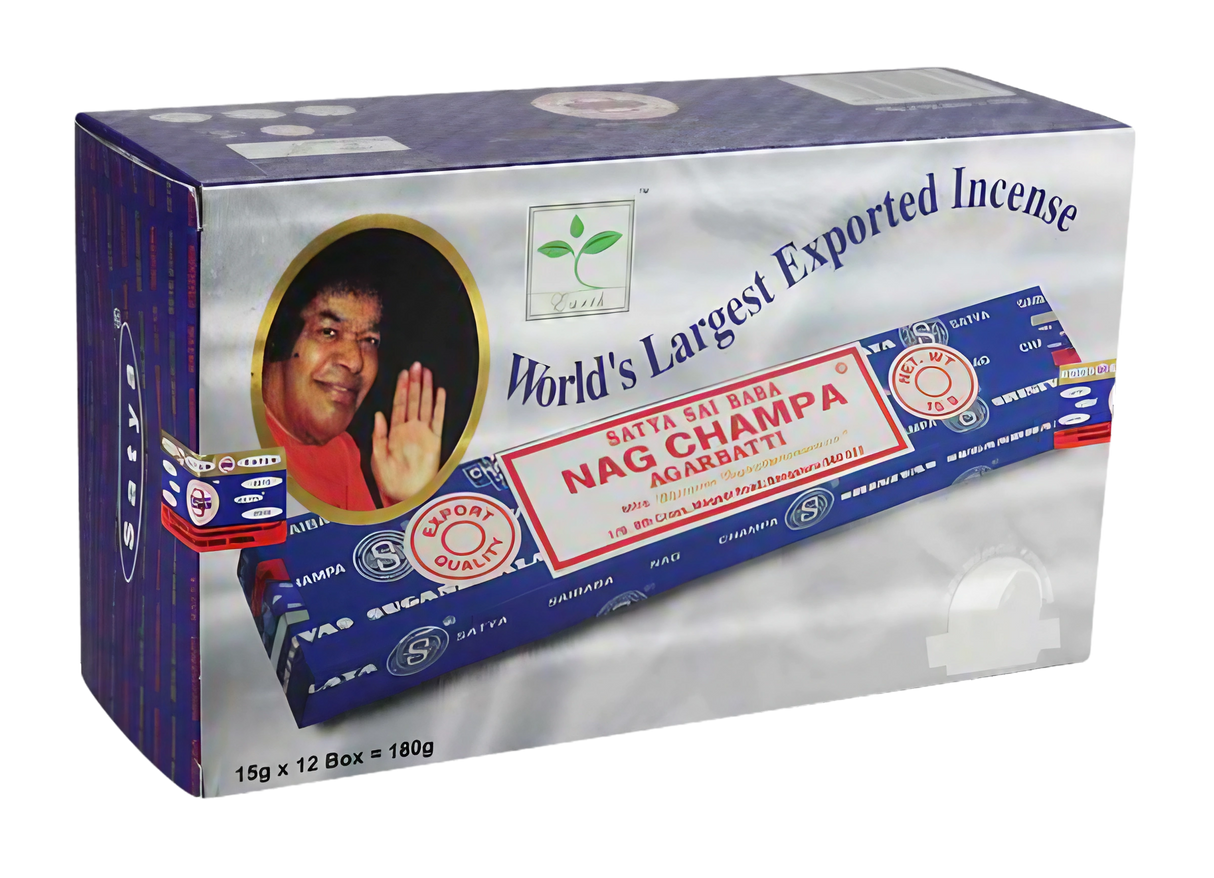 Satya Nag Champa Incense Sticks 12-pack, vibrant box design, front view on white background
