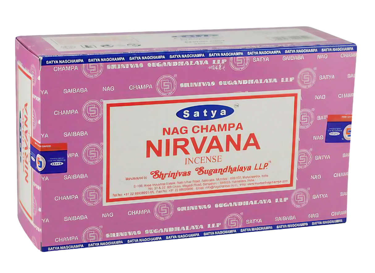 Satya Nag Champa Nirvana Incense Sticks 12pk, vibrant packaging, front view, from India
