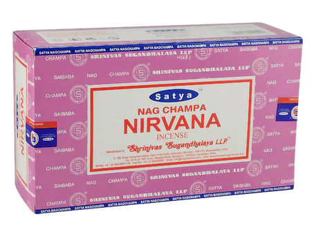 Satya Nag Champa Nirvana Incense Sticks 12pk, vibrant packaging, front view, from India