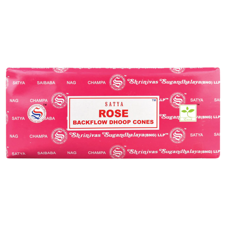 Satya Rose Backflow Incense Cones 144 Pack - Front View on White Background