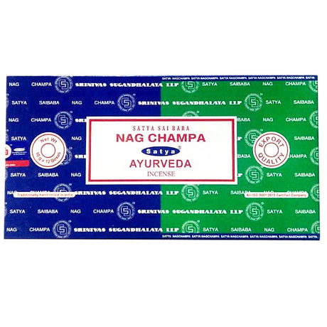 Satya Incense Nag Champa 12 Pack Combo from India, displaying various scents in a front view