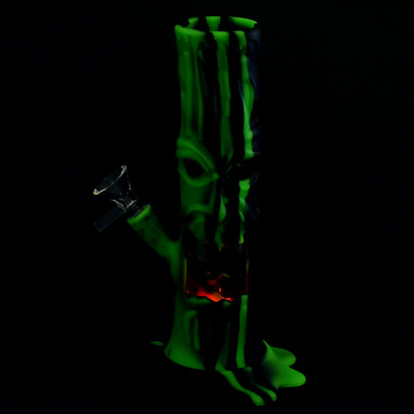 Scary Tree LED Water Pipe in glowing green silicone, 9" tall with 45-degree joint, front view