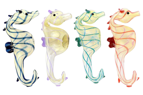Assorted colors Seahorse Glass Hand Pipes, 4.5" Borosilicate, angled view