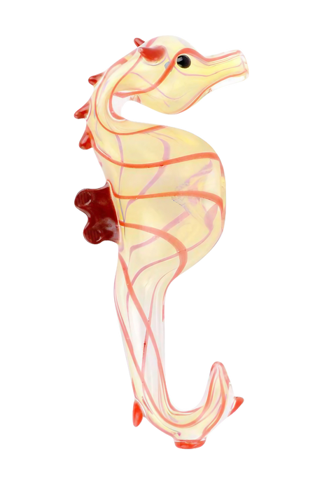 Borosilicate glass seahorse hand pipe in assorted colors with a deep bowl, front view on white background