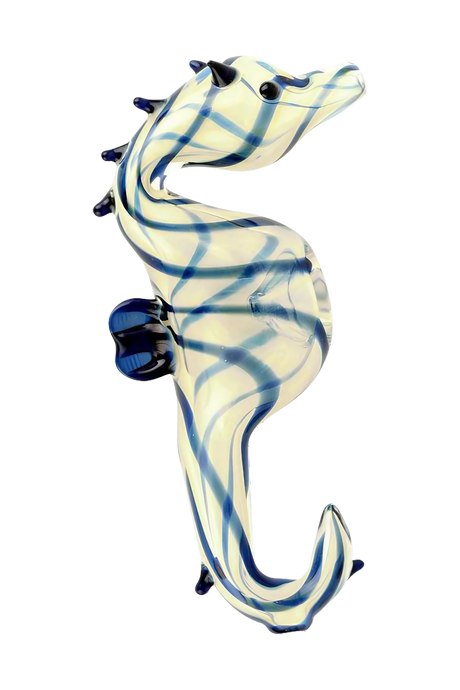 Borosilicate glass seahorse hand pipe in assorted colors, 4.5" height, angled side view