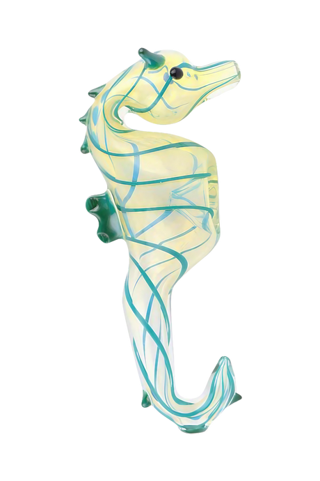 Borosilicate glass Seahorse hand pipe in assorted colors, 4.5" height, intricate design, front view