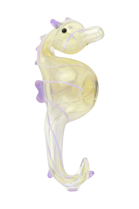 Borosilicate glass seahorse hand pipe, 4.5" tall, with assorted color accents and deep bowl