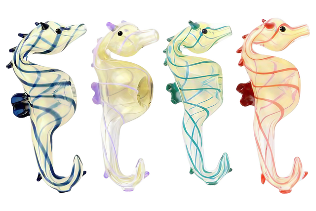 Assorted color Seahorse Glass Hand Pipes, 4.5" Borosilicate, front view on white background