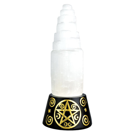 6" Selenite Crystal Tower on Color-Changing Engraved Base, Front View