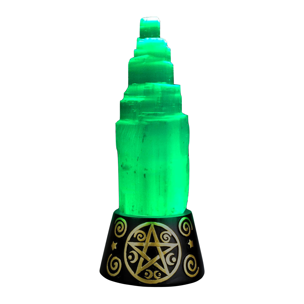 6" Selenite Crystal Tower on Color-Changing LED Base with Engraved Symbols, Front View