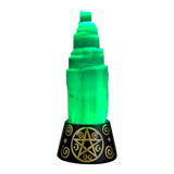 6" Selenite Crystal Tower on Color-Changing LED Base with Engraved Symbols, Front View