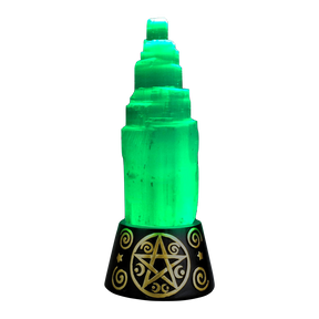 6" Selenite Crystal Tower on Color-Changing LED Base with Engraved Symbols, Front View