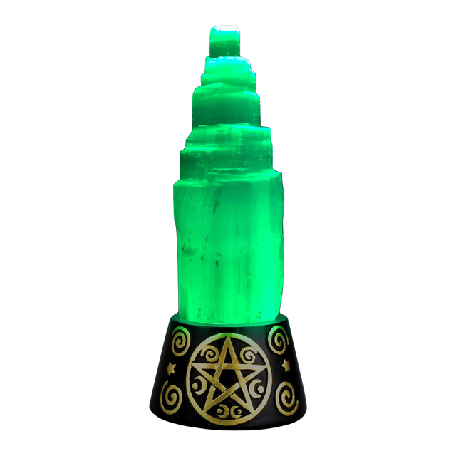 6" Selenite Crystal Tower on Color-Changing LED Base with Engraved Symbols, Front View