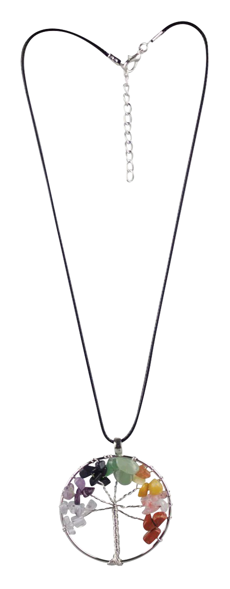 Semi Precious Gem Tree of Life Necklace with colorful stones and black cord, front view
