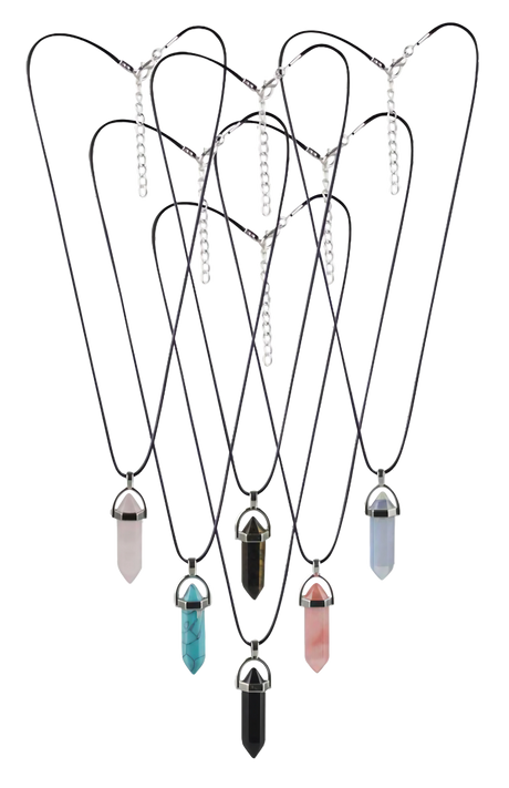Assorted semi-precious gemstone pendant necklaces on silver chains, front view on white background