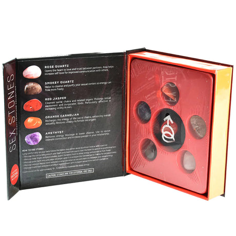 Sex Stones Intimacy Gemstone 5 Pack, open box display with descriptive guide and stones