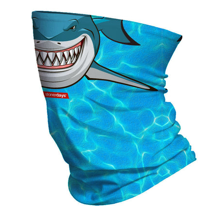StonerDays Shark Week Neck Gaiter featuring a vibrant shark design on a blue water background