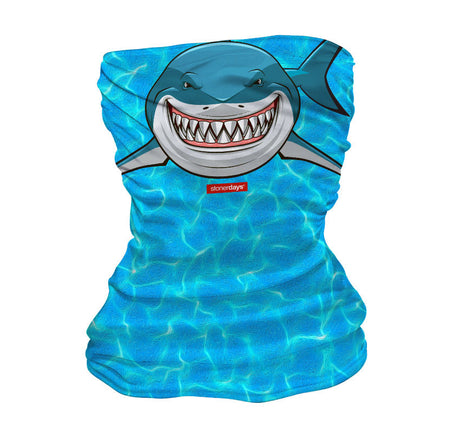 StonerDays Shark Week Neck Gaiter featuring a smiling shark design on a blue water-patterned background
