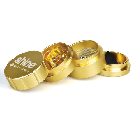 Shine Gold Herb Grinder - 4-Part Aluminum, Compact Design, Open View on White