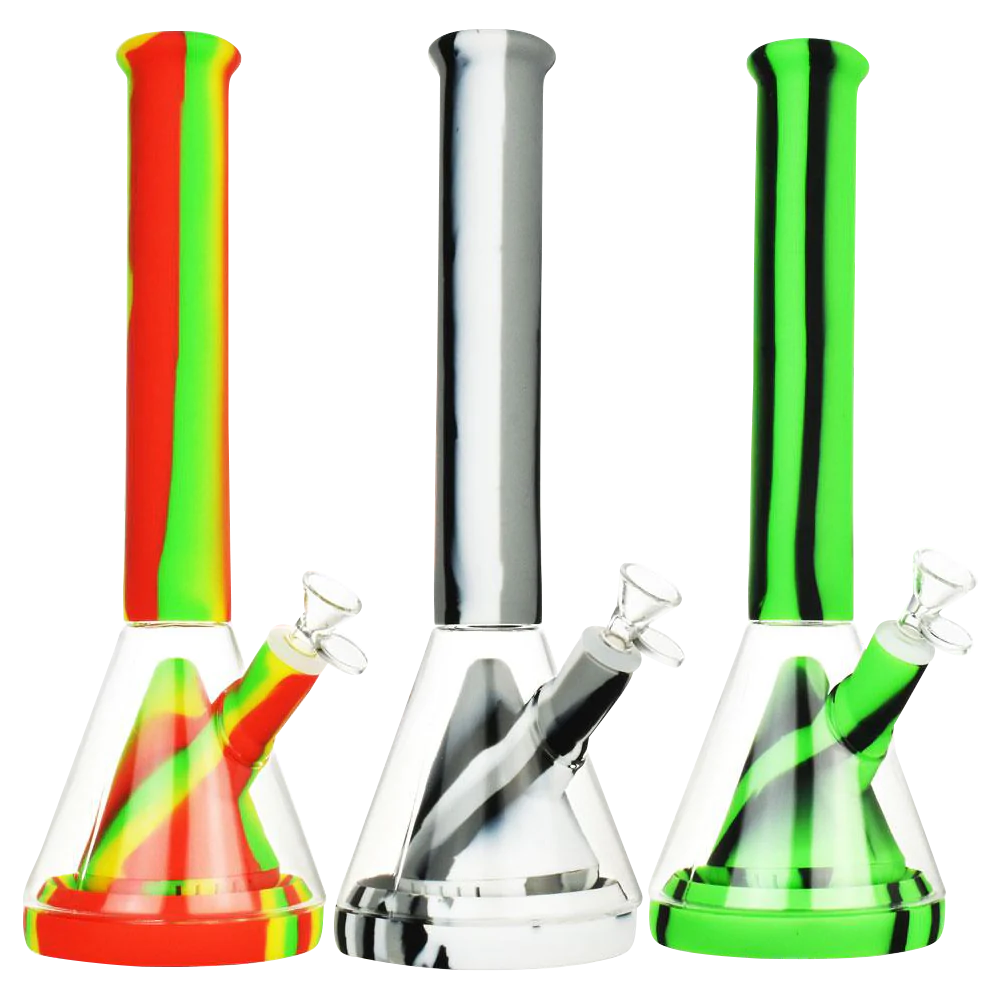 Assorted colors silicone & glass water pipes with showerhead pyramid perc, front view