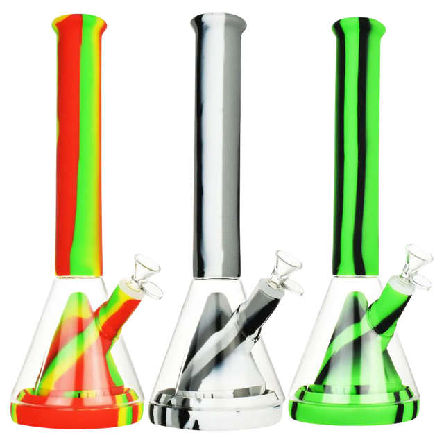 Assorted colors silicone & glass water pipes with showerhead pyramid perc, front view