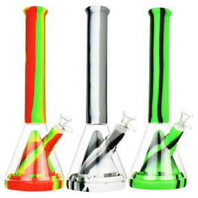 Assorted colors silicone & glass water pipes with showerhead pyramid perc, front view