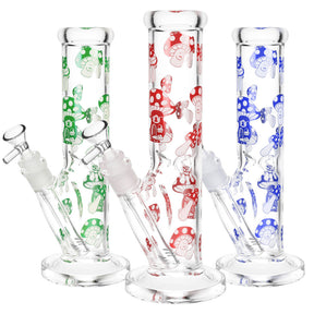 Shroom Life Straight Tube Water Pipe trio, 10.5" tall, 14mm female joint, Borosilicate Glass, with mushroom designs
