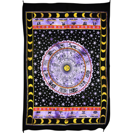 Colorful Zodiac Signs Mini Tapestry Wall Hanging, Indian Cotton, 29" x 44" Front View
