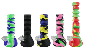Colorful silicone extendable water pipes with borosilicate glass bowls, front view, portable design